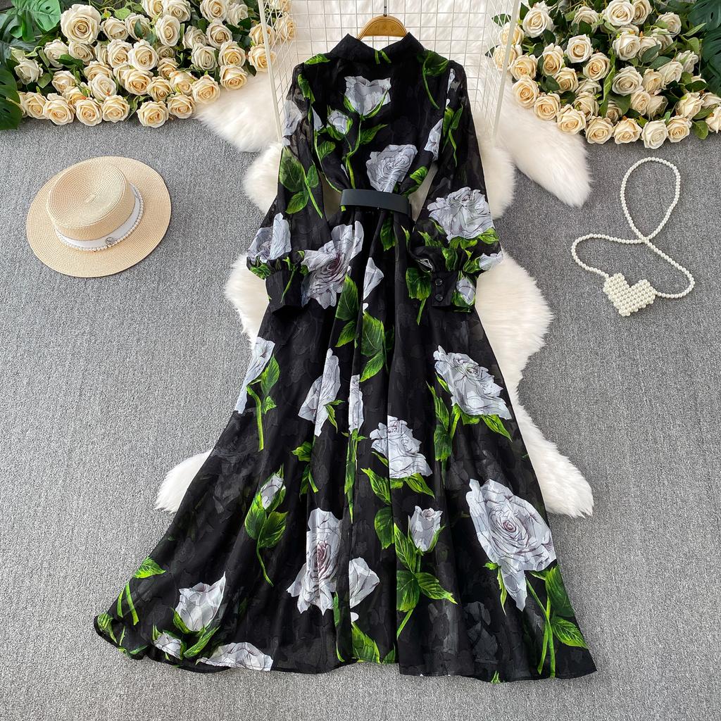 Francuski Styl Wakacyjny Super Wróżkowy Nadruk Klapa Długi Rękaw Sukienka Damska Wiosna Jesień Jednorzędowa Talia Rozkloszowana Elegancka