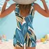 Women Plus Size Square Neck Wide Straps Sleeveless One Piece Green Blue Printed Boyshort Swimsuit