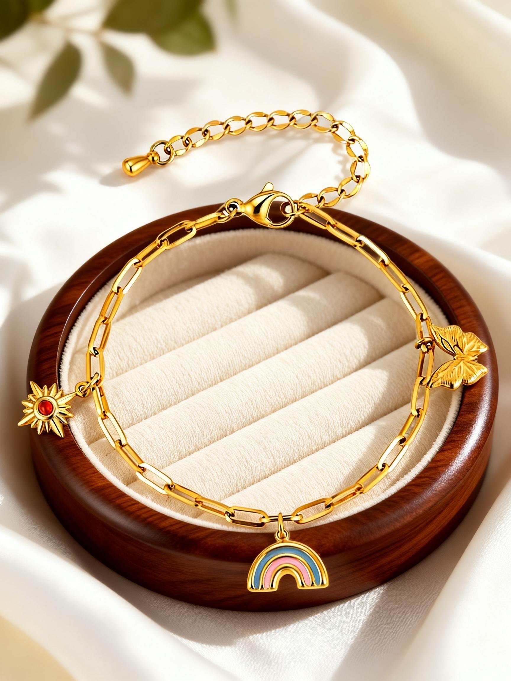 Vintage Paperclip Chain Bracelets for Women Stainless Steel Rainbow Butterfly Charm Bracelets Y2K Jewelry Gift