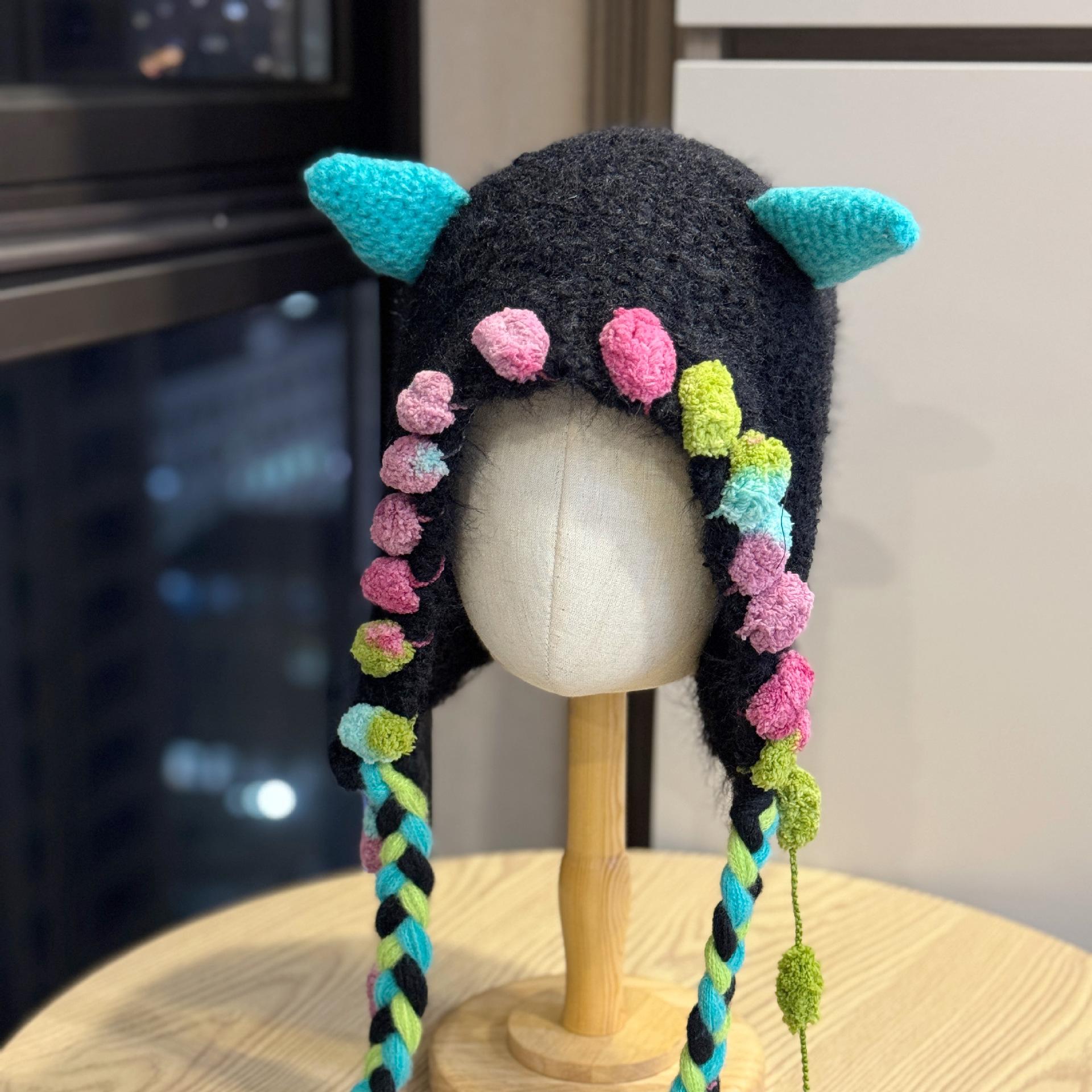 

New autumn and winter cute little monster plush hat with ear protection, handmade knitted large head circumference beanie hat Adult54-60Average Size чёрный
