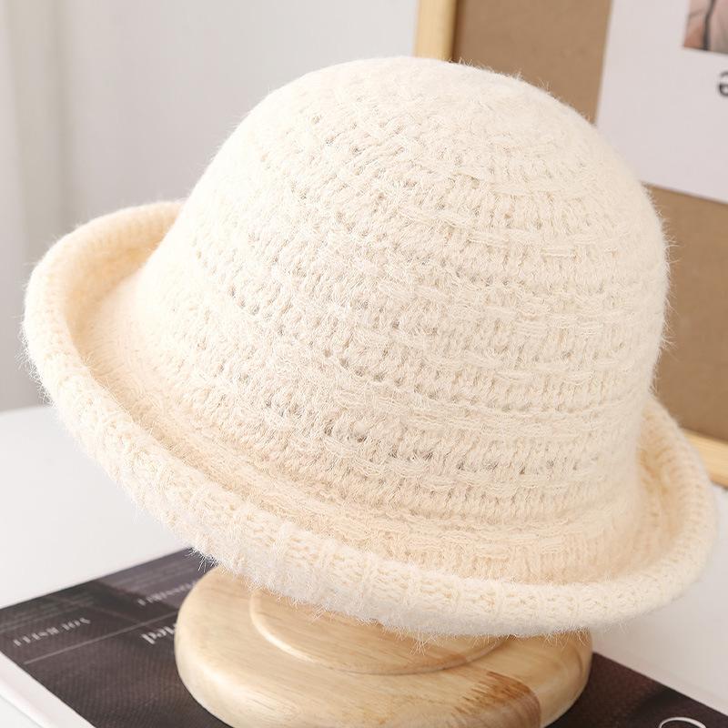 Solid color wool knitted bucket hat women's winter warm crimped hat versatile basin hat solid color bucket hat tide