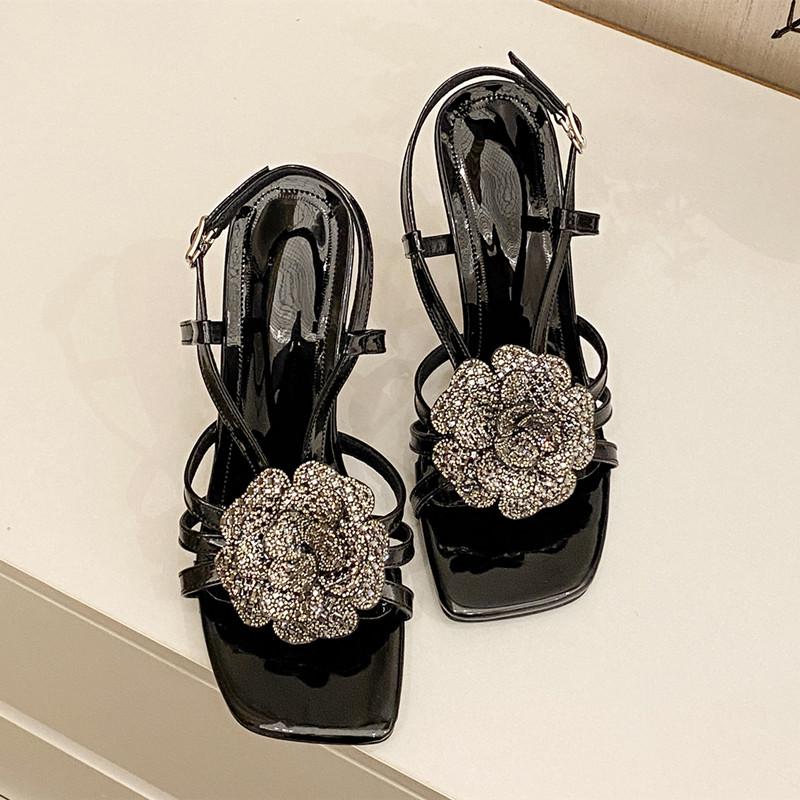 Fashion Luxury Rhinestones Flowers Decor Women Gladiator Sandals Fashion Square Toe Summer Slingbacks Stiletto High Heels Summer Shoes