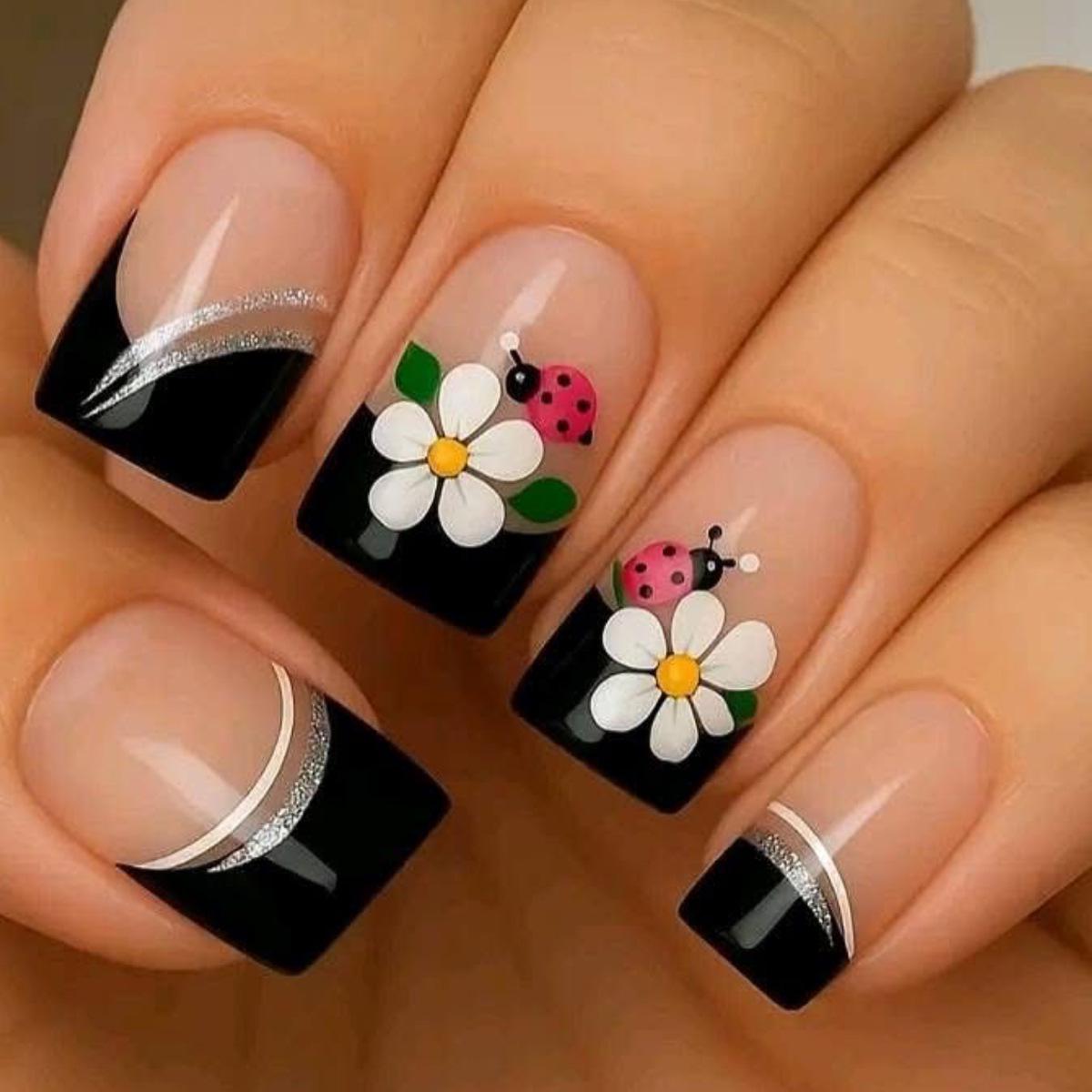 Elegant French Floral Wearable Nail Tips, 24 Pieces - Gentle Atmosphere Nail Art