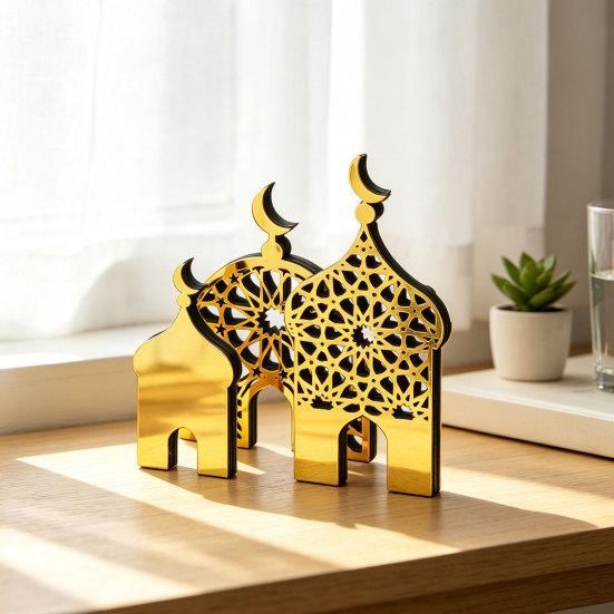 Gold Acrylic Table Art 3PCS Ramadan Golden Castle Ornament, Hollow Mosque Design, Thick Wood And Decorative Wooden Signs Desktop Accents, Religious