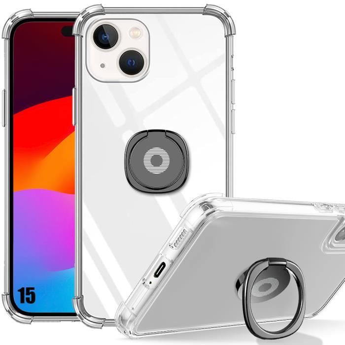 Coque - Silicone - pour iPhone 15 - Transparent - Slim - Anti-Rayures avec Support Noir