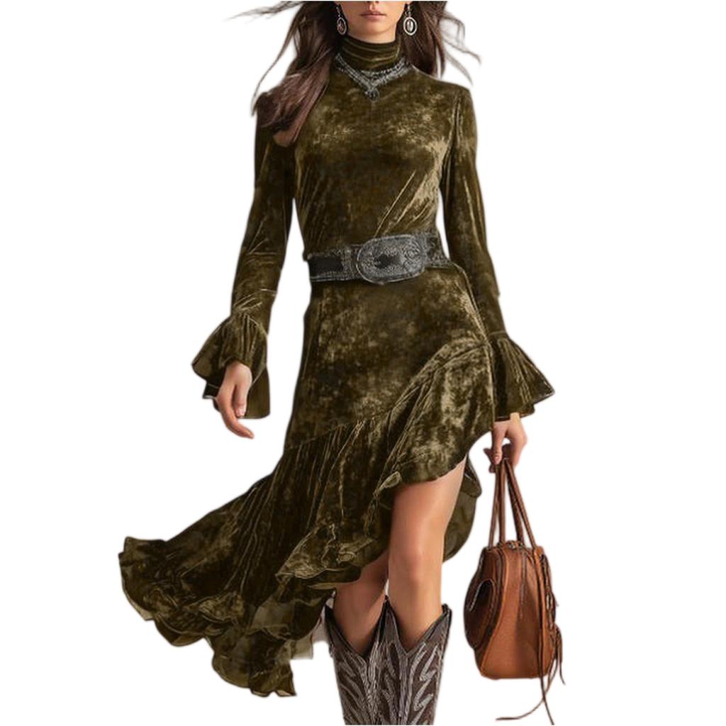 Women's Velvet Long Sleeve Tight Waist Dress Vintage High Neck Irregular Skirt Dress