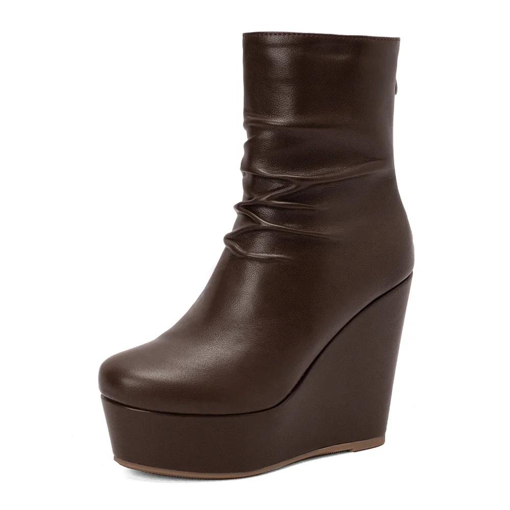 Fashion Wedges Ankle Boots Women Winter Autumn Shoes Fashion Faxu Leather Platform Women's Short Boots Sexy High Heels Black Shoes Femal