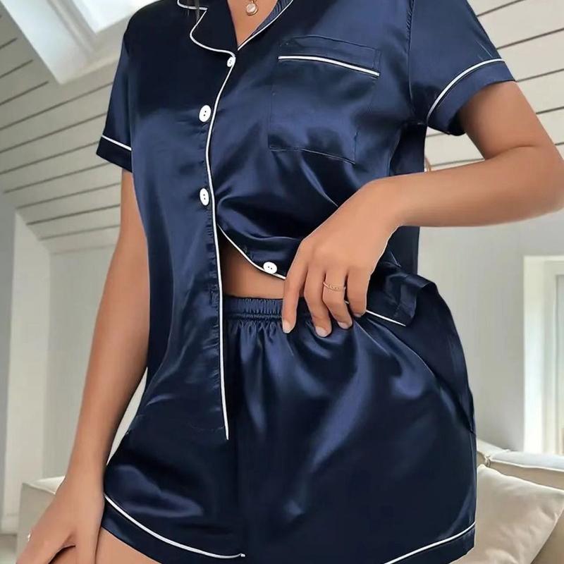 

Женский шелковый атласный пижамный комплект из двух частей, пижамный комплект, одежда для сна, домашняя одежда, пижама на пуговицах, женский комплект из 2 предметов, домашняя одежда, комплект с шортами 2XL темно-синий