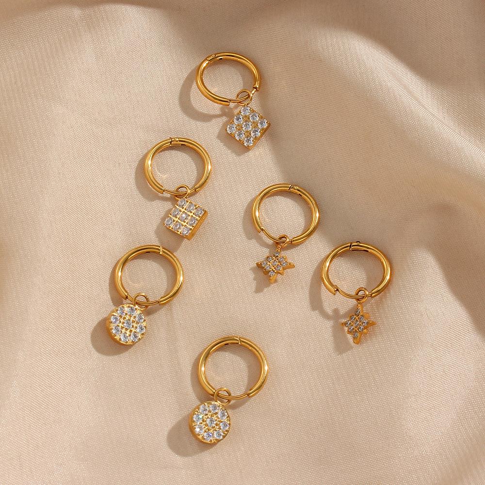 Trendy 18K Gold Waterproof Stainless Steel Earrings Dangling Diamond Cross Star Butterfly Pendant 18K Gold Body Jewelry Zircon