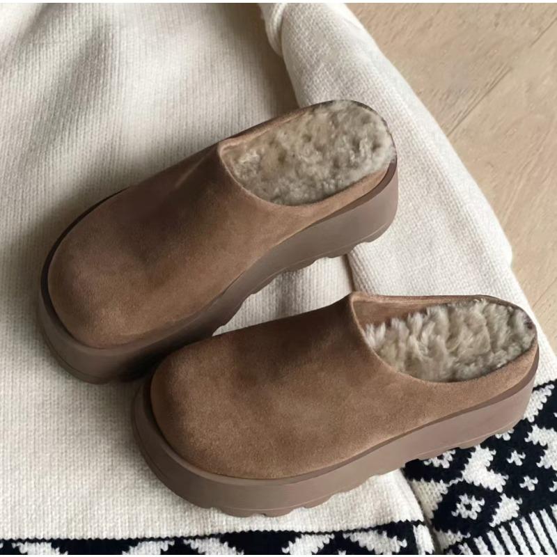 New Plush Bottom Bag Head Slippers Genuine Leather Fur Thick Bottom Hard Height Increased by 6 and a Half Slippers
