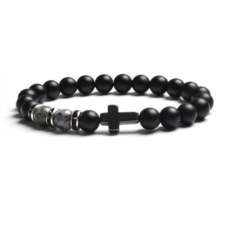 Fashion Religion Cross Men Women 8mm Natural Stone Tiger Eye & Black Matte Agates Bead Bracelet Elastic Bracelet Bangle Jewelry