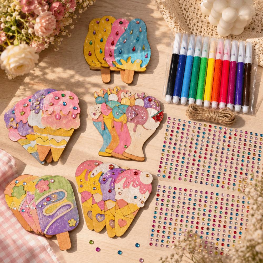 Handmade Ice Cream Graffiti Kit Wooden Ice Cream Pendant Hand Drawn DIY Graffiti Set Decorations