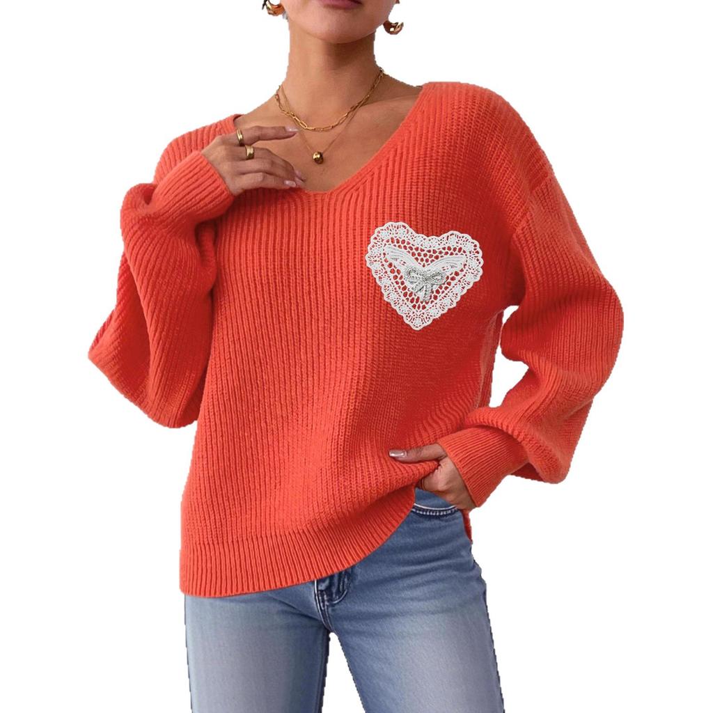 Autumn and Winter Women's Sweater, V-neck Knitted Sweater, Lace Bow Patchwork Pocket Pullover