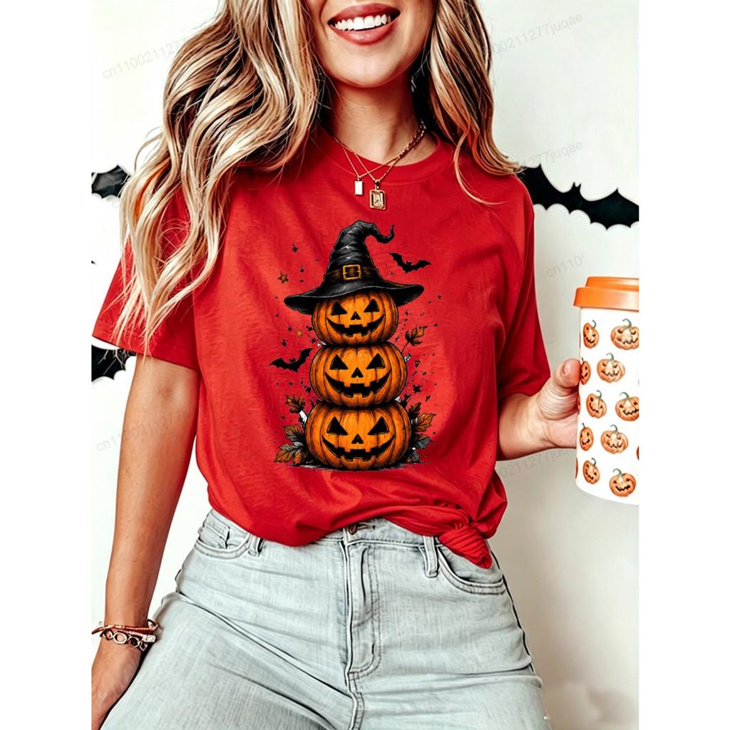 Women Halloween Pumpkin Witch Hat Print T‑Shirt Spooky Bat Graphic Tees Casual Short Sleeve Tops Halloween Party Female T‑shirt