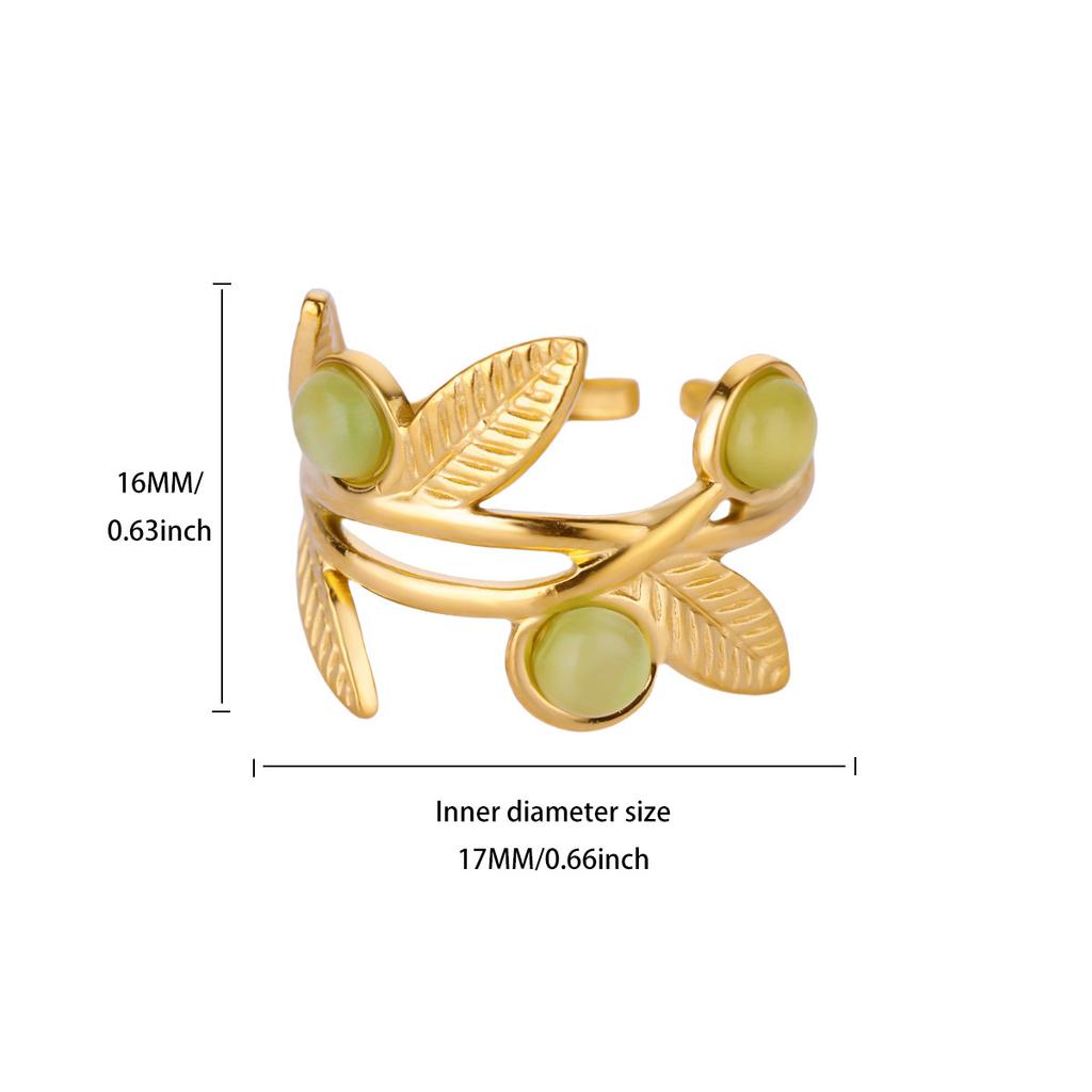 1pc Green Stone Leaf Opening Rings For Women Men Gold Color Stainless Steel Leaves Ring Female Aesthetic Jewelry Party Gifts