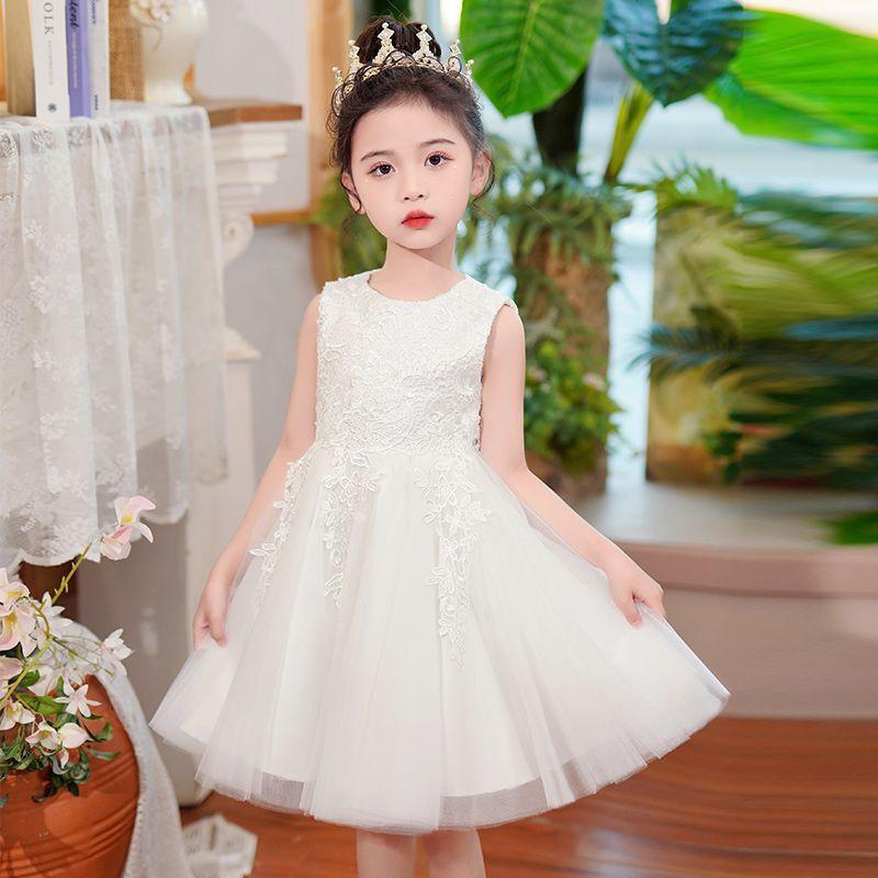Girls Princess Dress White Tulle Sleeveless Party Kids Cute Sweet A-Line
