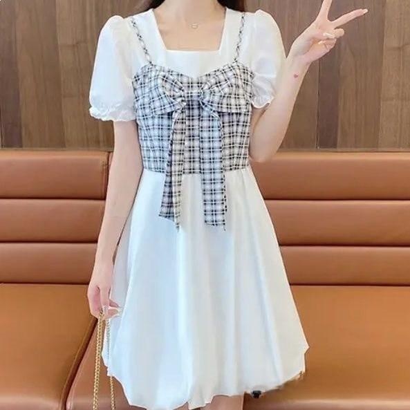 Summer French Style Twopiece Dress With Puff Sleeves And Bow For Petite Women