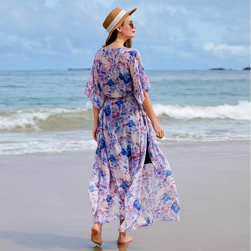 Chiffon Bedruckte Damen Strandbluse Sexy Cardigan Locker Strandurlaub Kleid