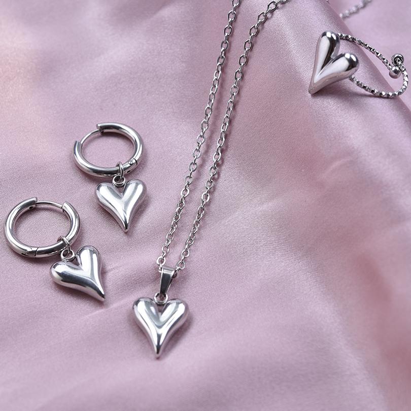 100% Stainless Steel Heart Jewelry Set For Women Accessories Cute Girl Supplies Love Earrings/Rings/Necklace Fashion Party Gift