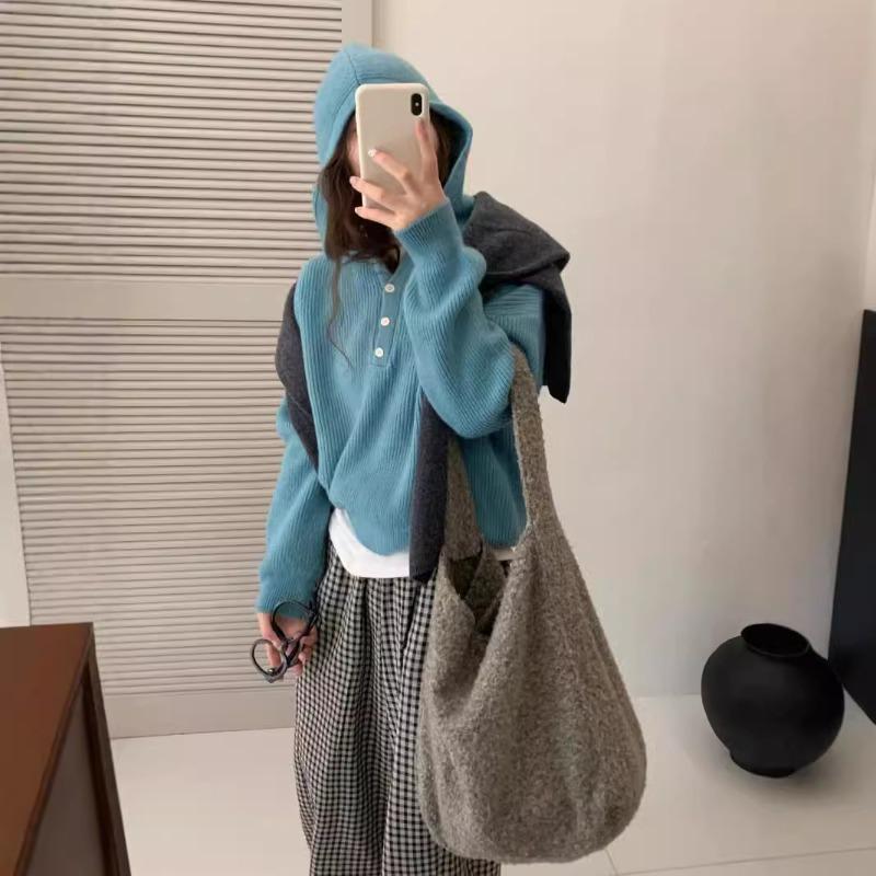 Pit Strip Loose Half-open Neck Pullover Sweater Women's Candy Color Autumn Lazy Wind Versatile Hooded Pullover Sweater