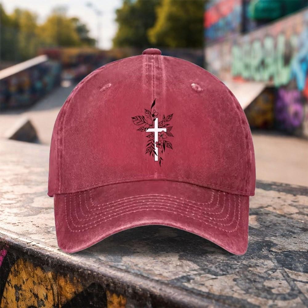 Floral Cross Washed Baseball Cap Premium Cotton Adjustable Outdoor Duck Tongue Hat