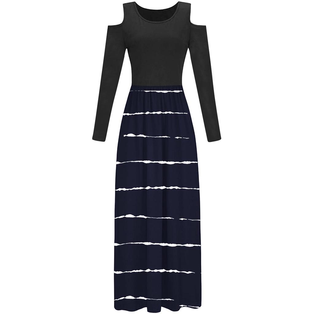 Womens Fashion Off Shoulder Print Long Sleeves Floor-Length Long Dress