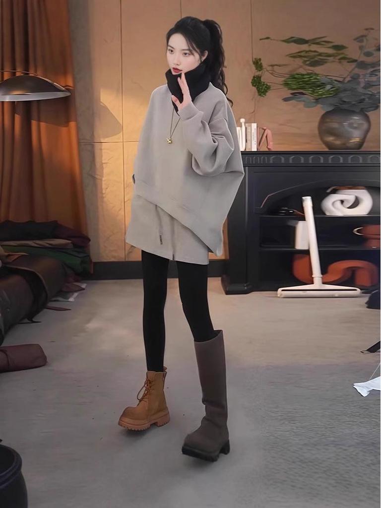 Women's Thickened Casual Two-Piece Set: High-End Round Neck Hoodie & Skirt, Autumn/Winter Style