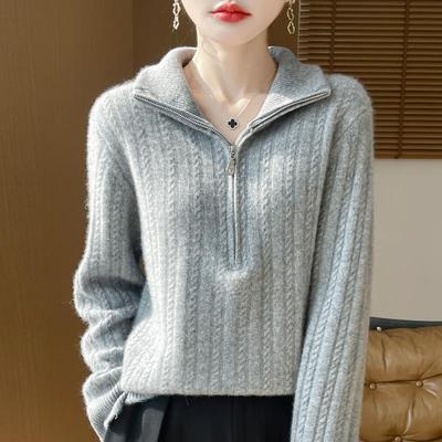 Damenpullover 100% Wolle Umlegekragen Strickpullover Dicke Winterpullover Damen Strickoberteile Reißverschluss