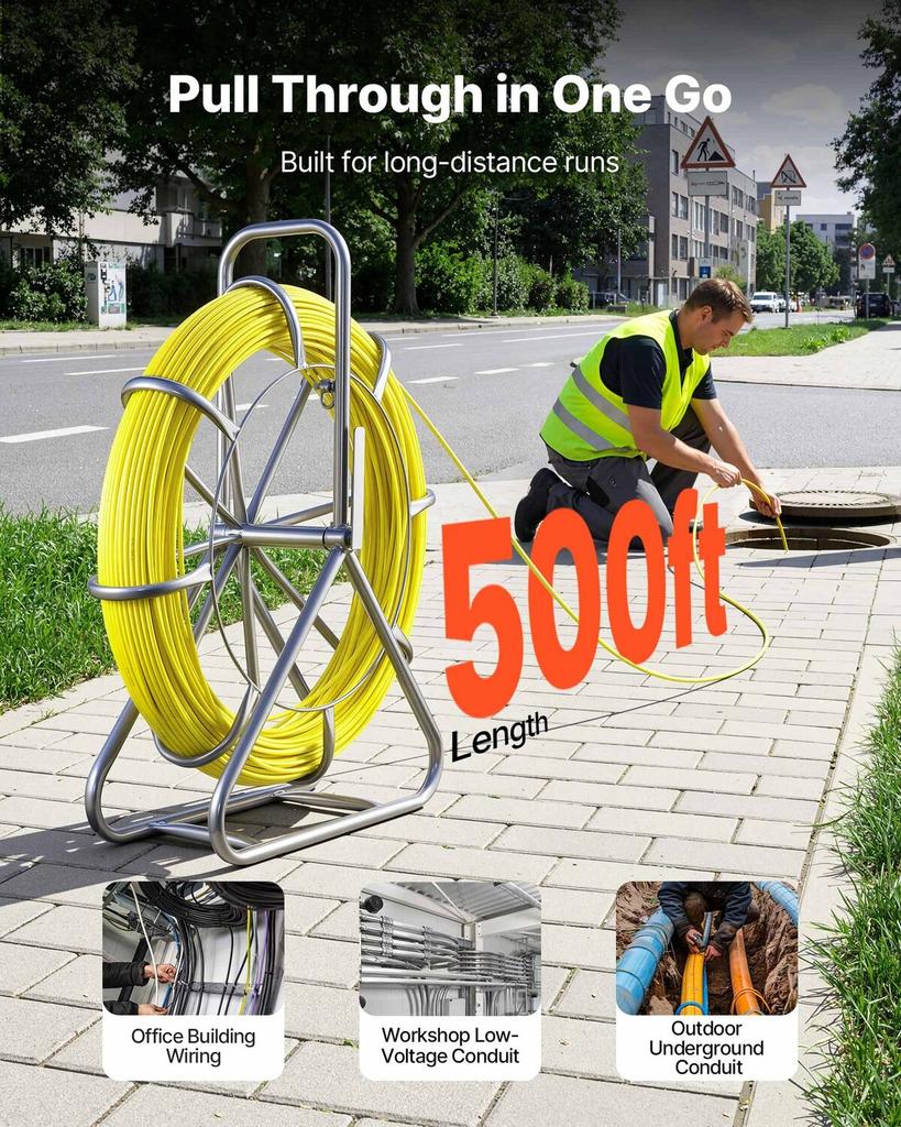 Fish Tape Fiberglass, 152M 6.3MM, Duct Rodder Fishtape Wire Puller with Stand, Cable Running Rod with Locking Mechanism, Fishing Tools, for Walls