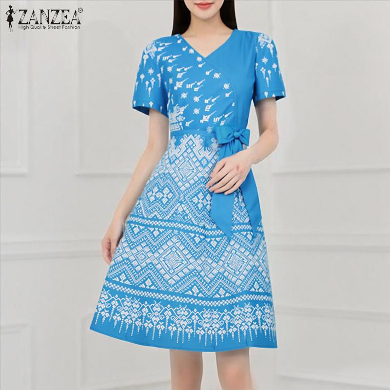 ZANZEA Women V-Neck Casual Short Sleeve Summer Print Dress