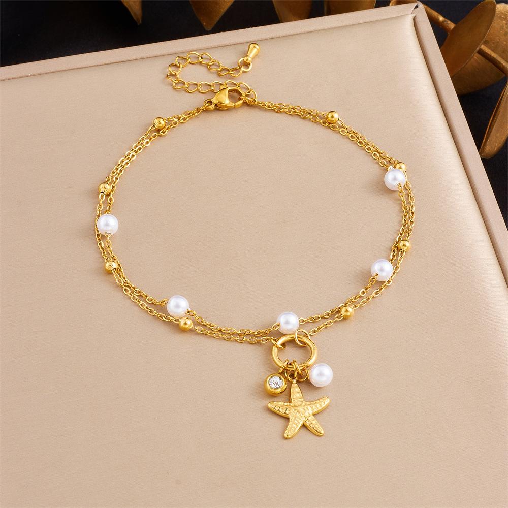 Layered Charm Anklet With Rhinestone Cherry Starfish Flower Moon And Star Pendants For Women