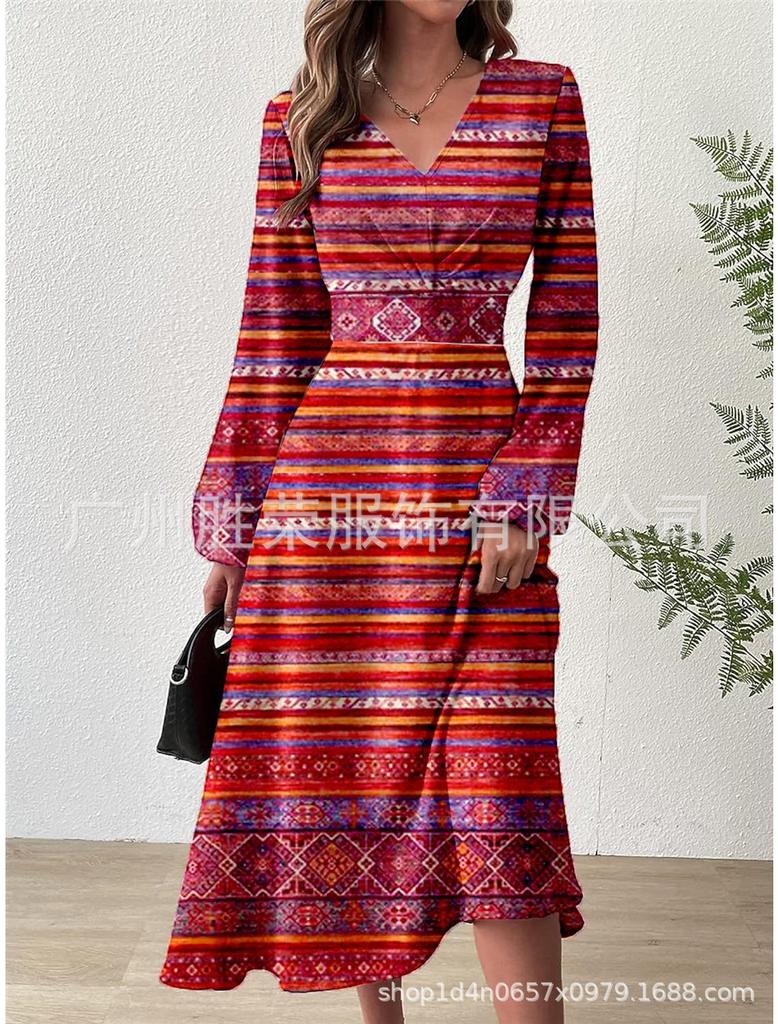 New European and American women's clothing, popular printed striped waist fashion V-neck dress