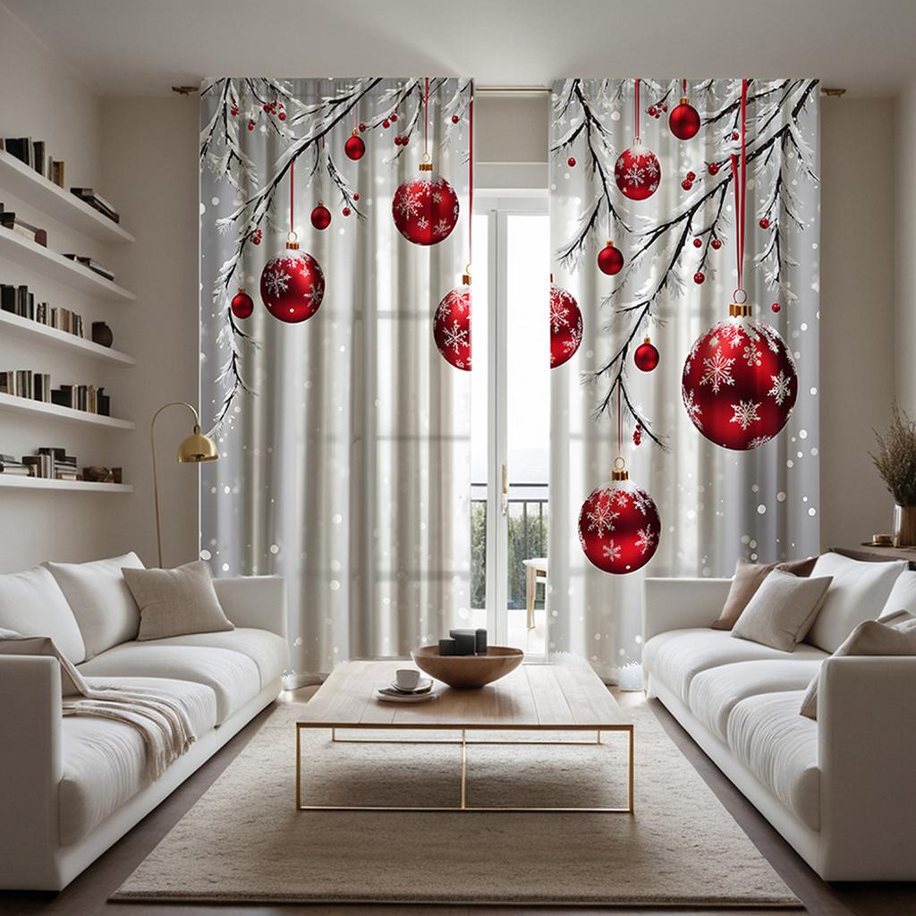 2 stücke HD Weihnachten Schnee szene rot drop ball dekorative vorhang weiße krawatte digital gedruckt vorhang Hause dekoration stil decorat