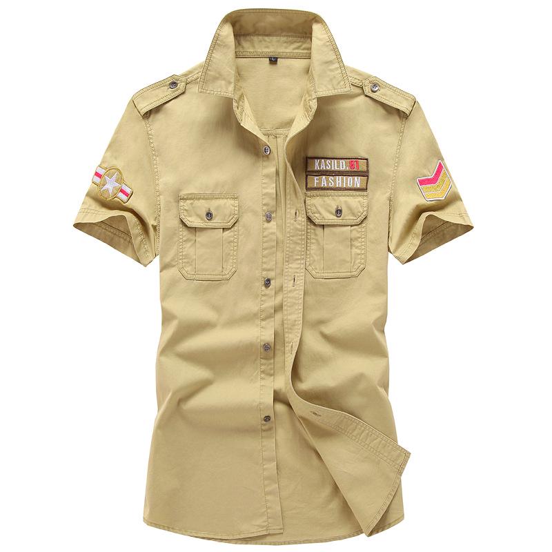 2019 Men's Plus Size Summer Outdoor Casual Cotton Workwear Shirt with Shoulder Epaulets