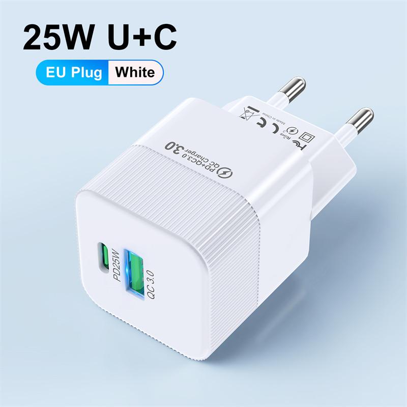 

2 порта PD 25W Mini USB C быстрое зарядное устройство для iPhone 15 Pro Max Xiaomi Phone быстрая зарядка адаптер KR EU US Plug для путешествий White EU