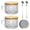 AEE4-Vintage Coffee Glass Mugs Set Of 2, Glass Coffee Tea Cups With Bamboo Lids, Coaster And Spoons,15Oz Clear Embossed 450ML B