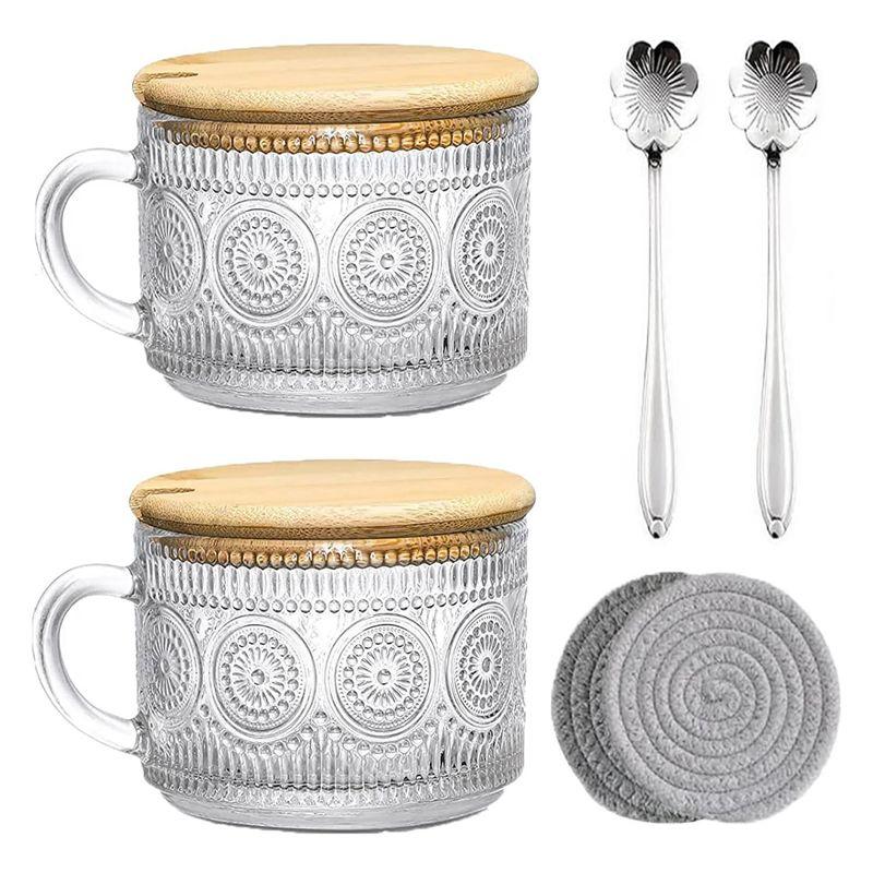 

AEE4-Vintage Coffee Glass Mugs Set Of 2, Glass Coffee Tea Cups With Bamboo Lids, Coaster And Spoons,15Oz Clear Embossed 450ML B