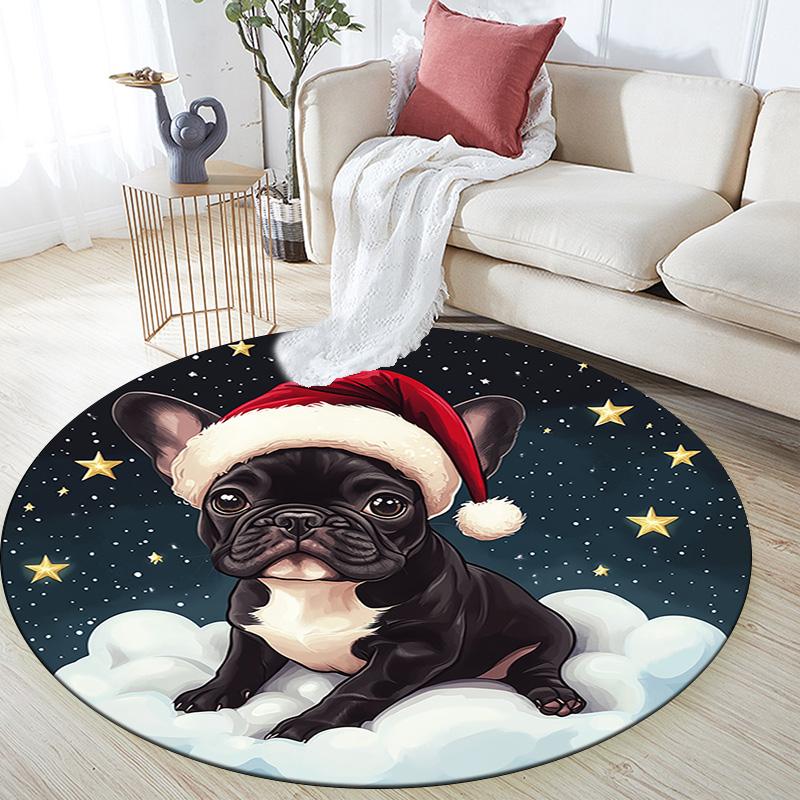 Christmas French Bulldog Round Area Rug,Carpet Rug for Living Room Bedroom Sofa Playroom Decor,Non-slip Floor Mat