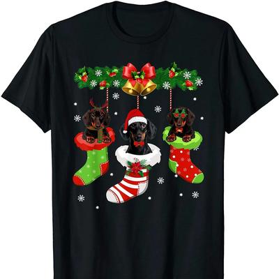 Funny Christmas Stocking Dachshund Dog Lovers Xmas Gift T Shirt. Short Sleeve 100% Cotton Casual T-shirts Loose Top Size S-3X...