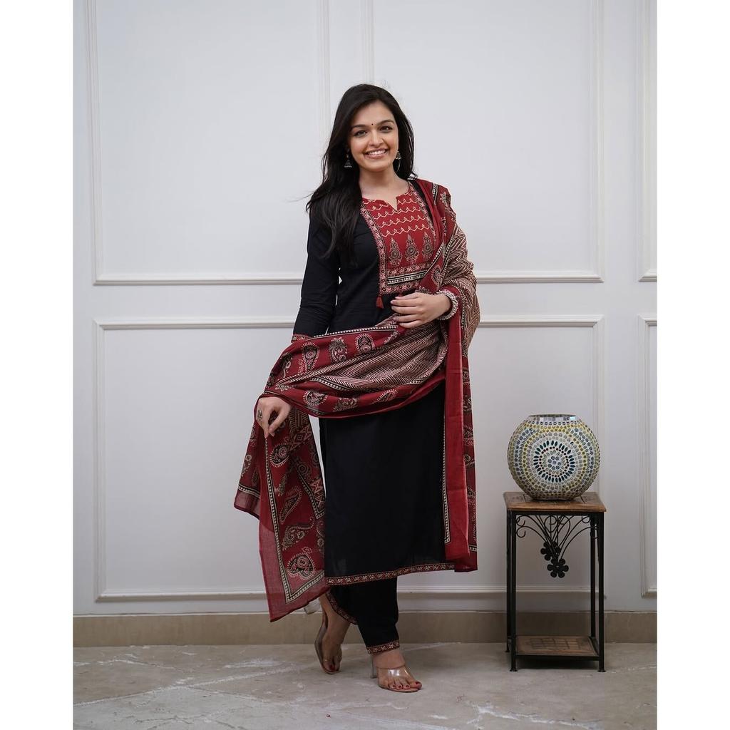 Indian Women Designer Kurta Pant Dupatta Set Bollywood Top Tunic Cotton Kurti VFP-1804a