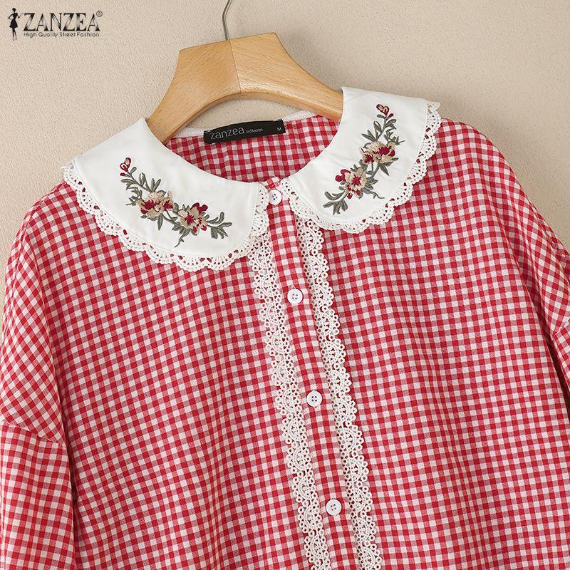 ZANZEA Women Floral Splice Doll Collar Casual Long Sleeve Plaid Print Blouse