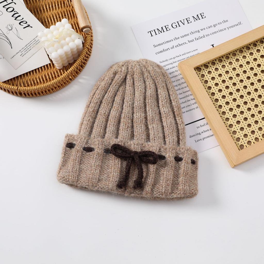 Winter 2025 Bow White Knitted Wool Cap Women's Plush Warm Big Head Circumference Baotou Hat Ear Protector Hat