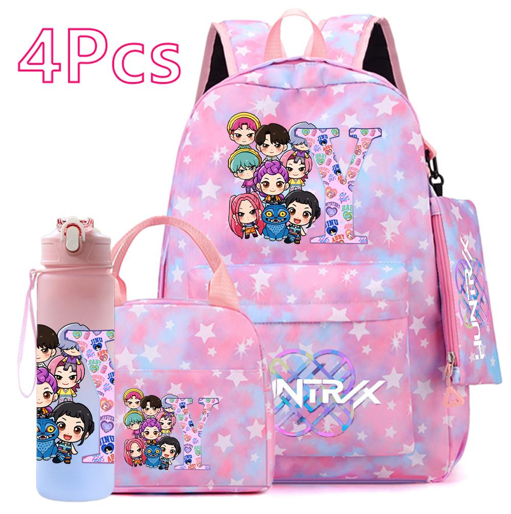 4Pcs/set 26 English Letter K-POP Printed Backpack Handbag Pencil Case 750Ml Water Bottler for Teenager Boy Girl Bookbag Schoolbag With Drinking Cup