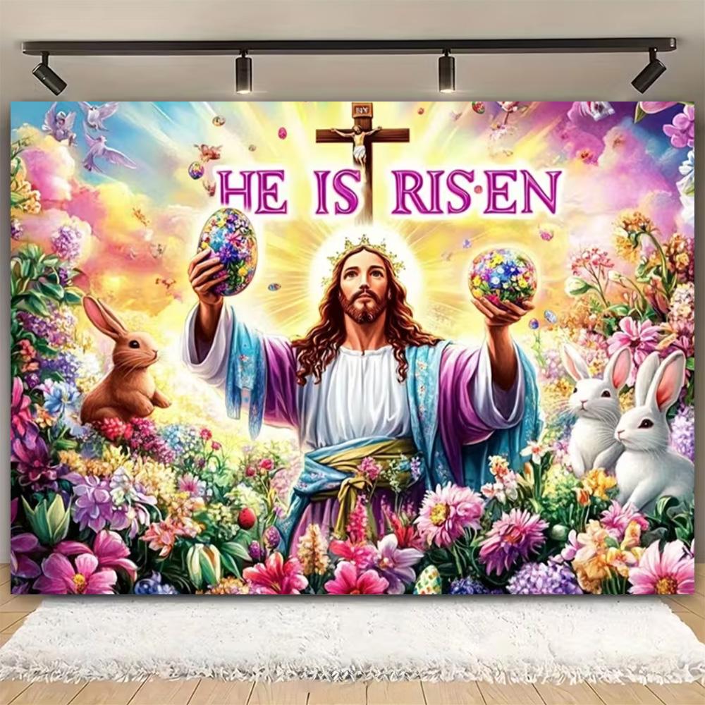 Easter Religion Jesus Theme Party Decoration Photography Background, Easter Egg Rabbit Banner Photography Studio Backdrop Cloth