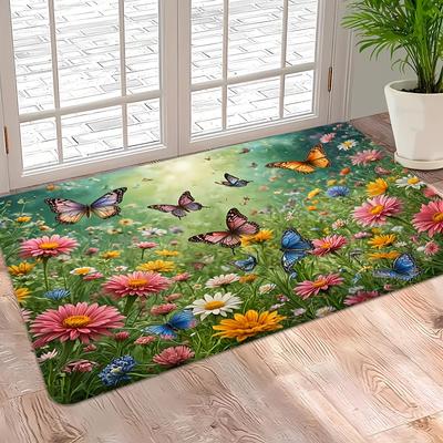 Tappetino Antiscivolo Decorativo Lavabile con Motivo Floreale, Farfalla e Margherita per Ingresso, Soggiorno, Camera da Letto, Arredamento Casa