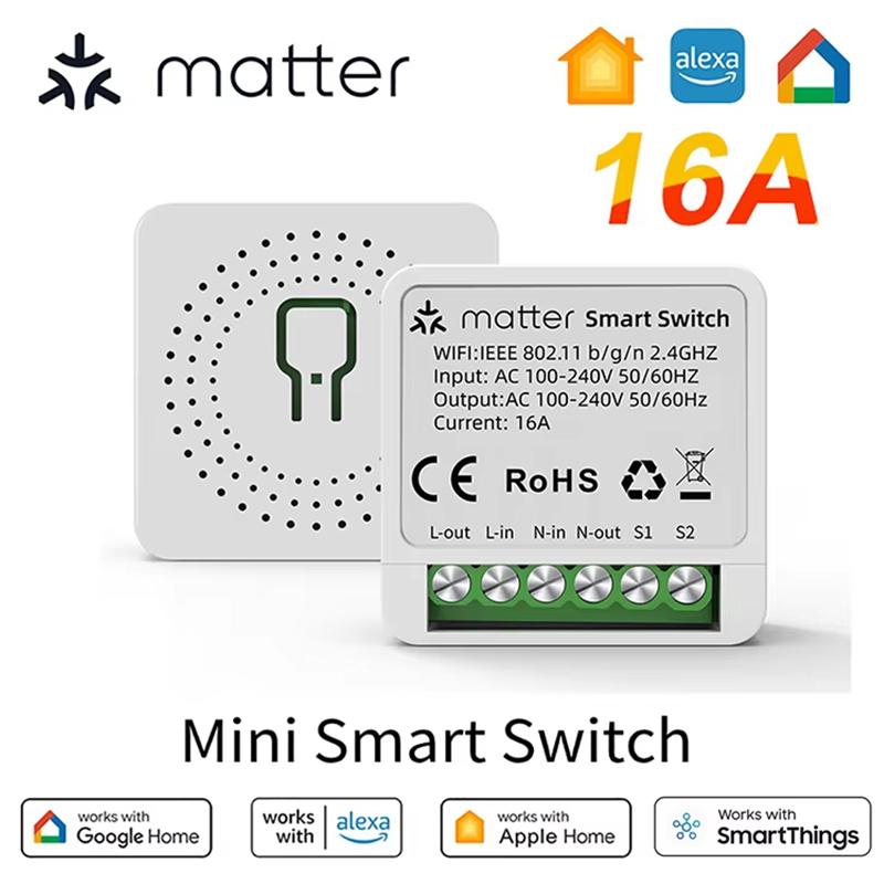 Matter WiFi Smart Switch 16A Smart Home Light Switch Relay Module Voice Control Work with Alexa Google Homekit Smartthings Tuya