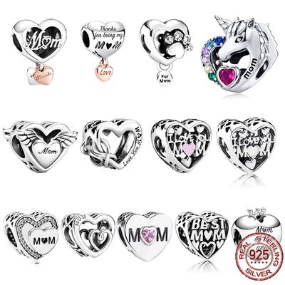 Authentische 925 Sterling Silber „Love You Mom“-Herz-Charm-Perle für süße Fasion-Armbänder, edler Schmuck, Geschenk für Frauen