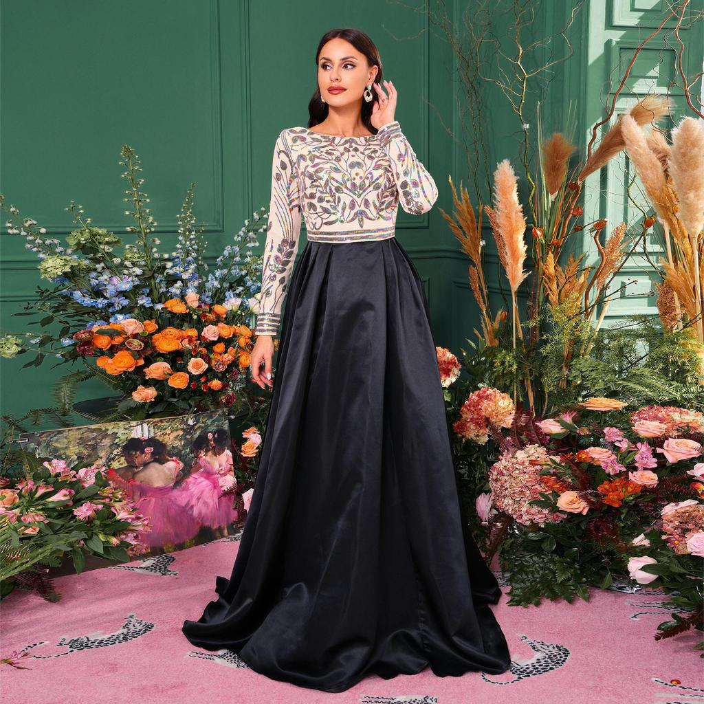 Elegantes europäisches & amerikanisches Langarm-Pailletten-Abendkleid