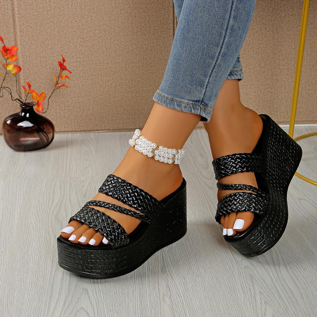 Fashion Aphixta Summer 9cm High Heels Wedge Heels Slippers Weave Women Platform Sandals Clog Shoes Slides Gold Shoes Size 43