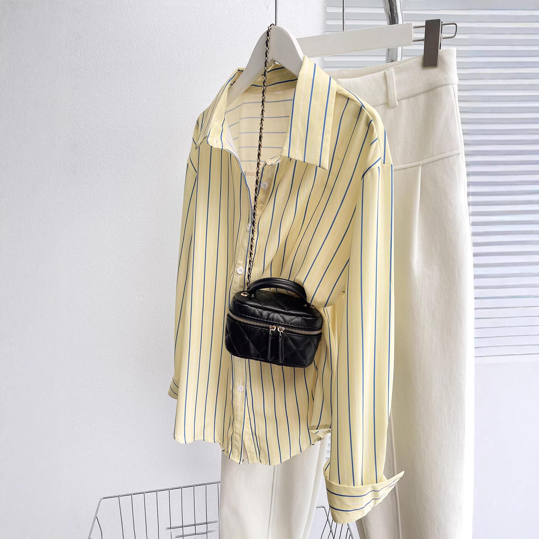 women s Striped Loose Fit Long Sleeve Blouse Casual Commuter Shirt Oversized Top S жёлтый
